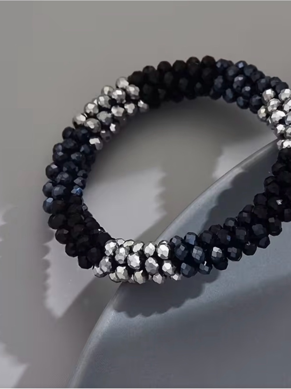 Elegant Black & Silver Beaded Stretch Bracelet